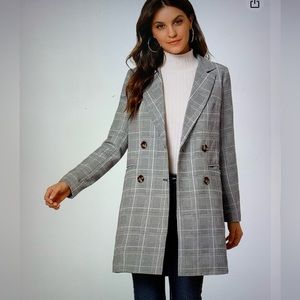 Allegra K Double Breasted Notched Lapel Plaid Trench Blazer Coat
